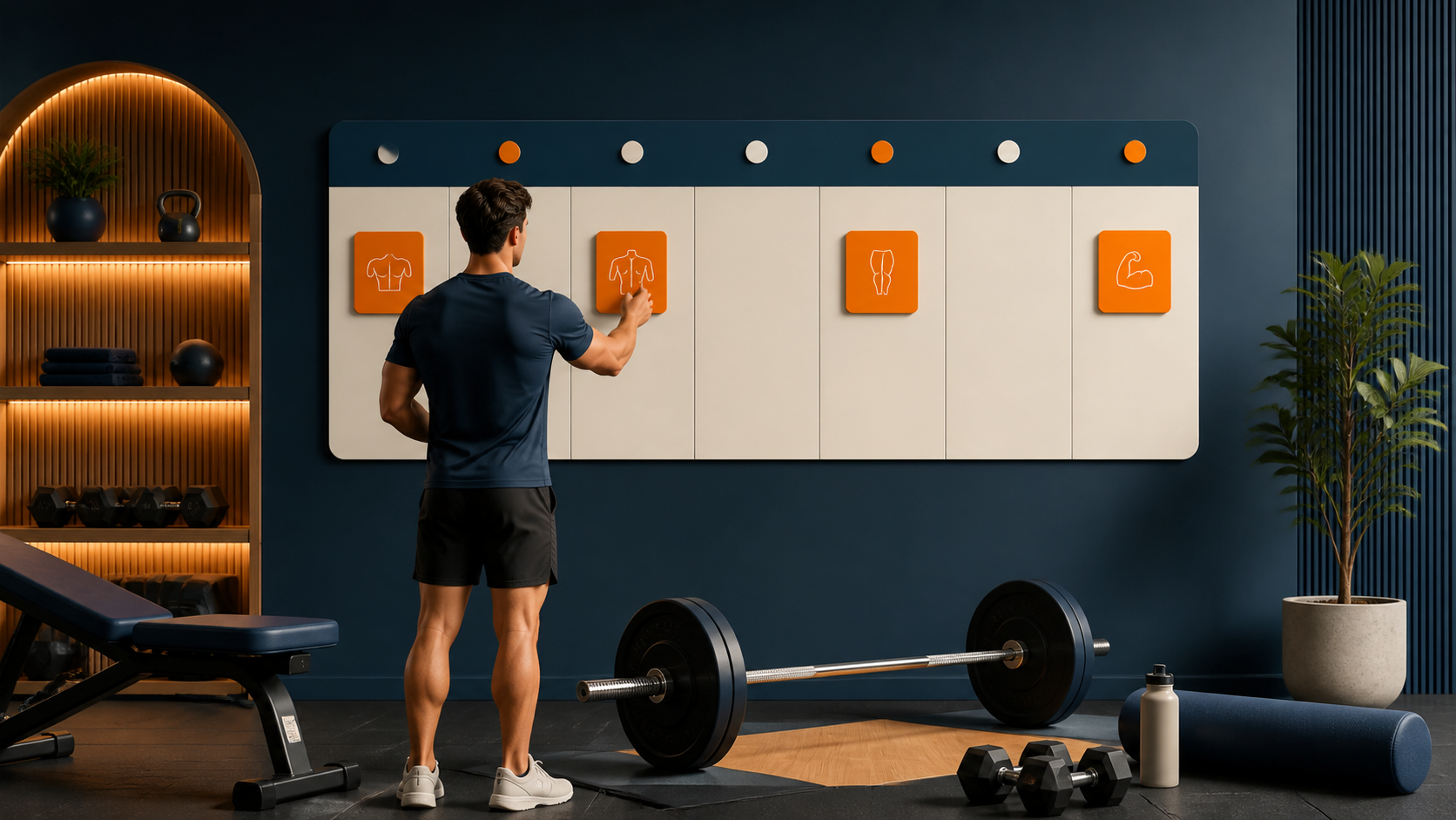 Seorang natural lifter merancang jadual latihan mingguan di ruang gym moden.