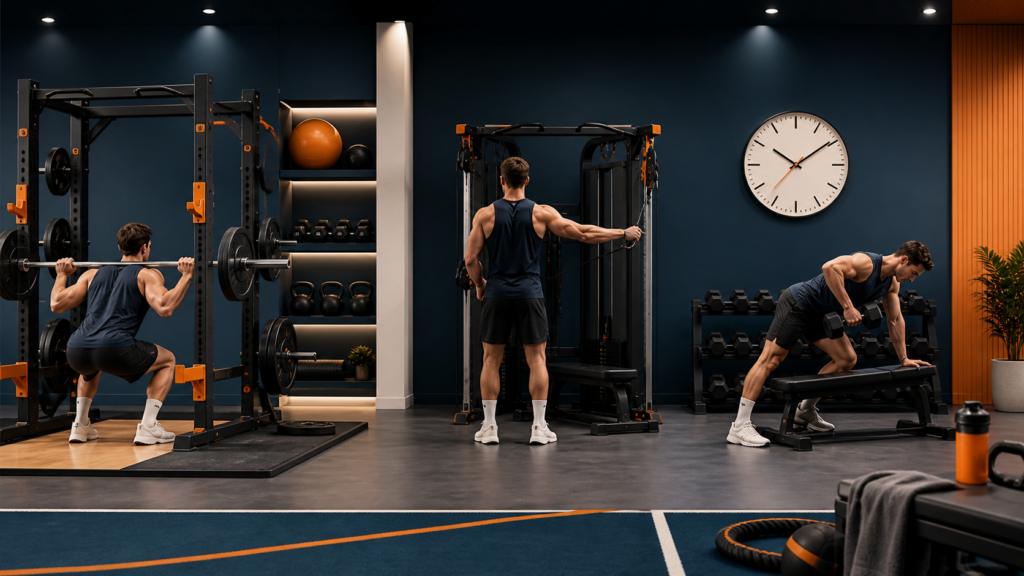 Seorang natural lifter menjalani sesi latihan fokus dengan jam dan peralatan gym tersusun.