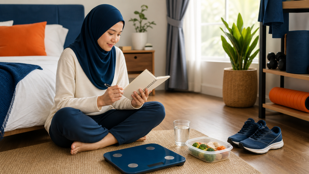 Wanita Muslim menyemak beberapa rekod berat dengan tenang di sebelah penimbang, hidangan dan kasut berjalan.