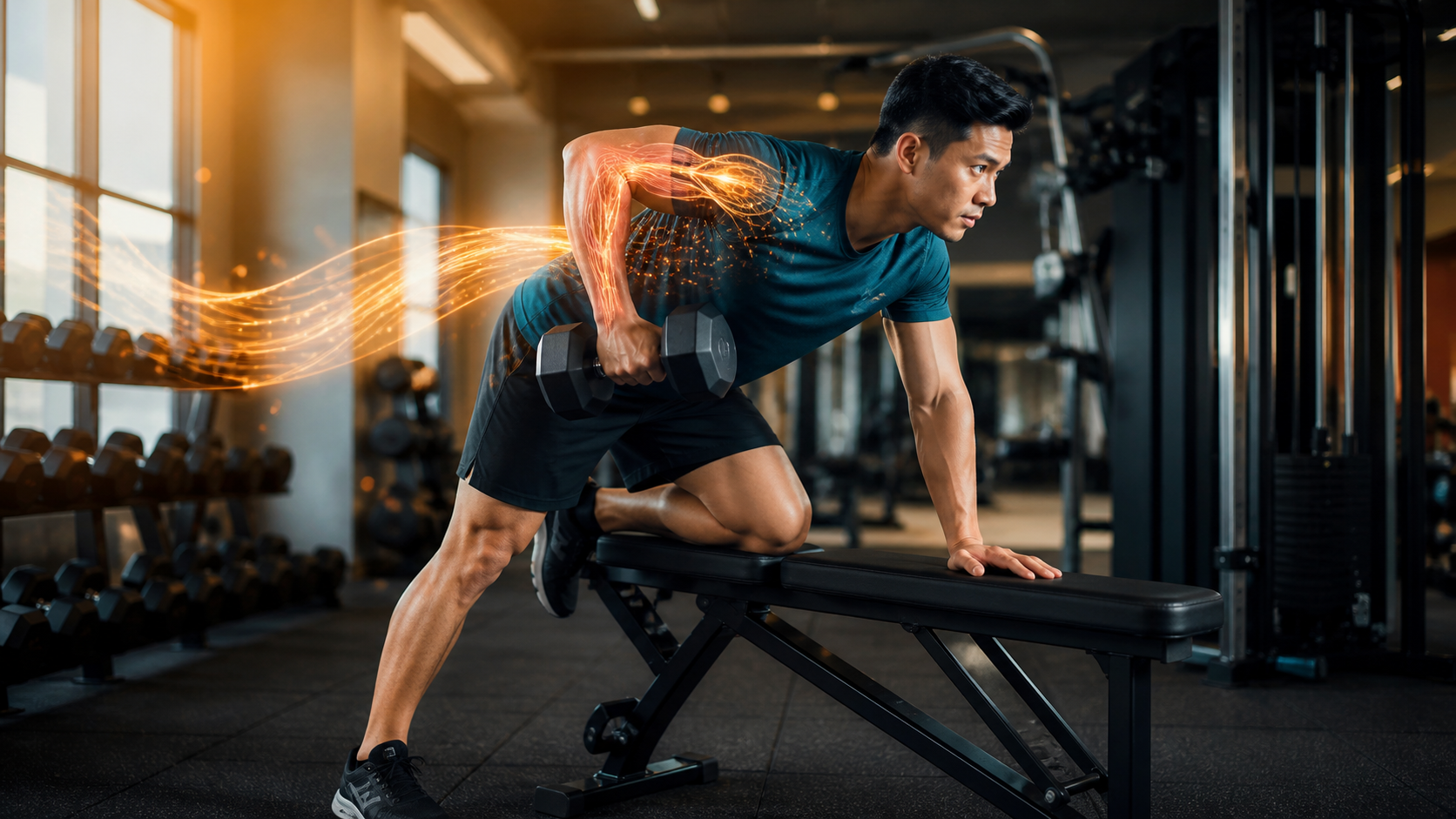 Seorang lelaki Asia Tenggara melakukan dumbbell row dengan visual aliran tenaga menuju otot lengan yang aktif.