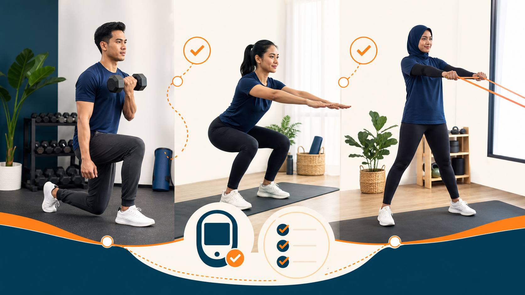 Tiga contoh latihan rintangan menggunakan dumbbell, berat badan dan resistance band.