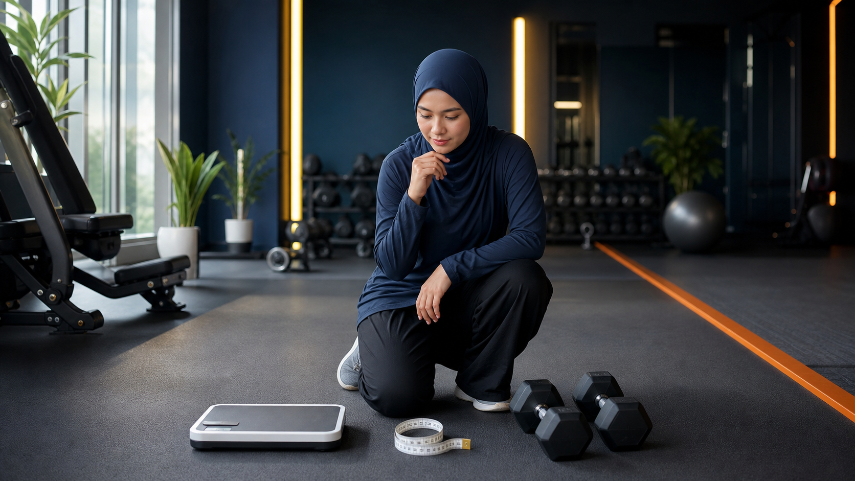 Wanita Muslim yang berpakaian sukan sopan menilai penimbang, pita ukur dan dumbbell sebelum memilih matlamat latihan.