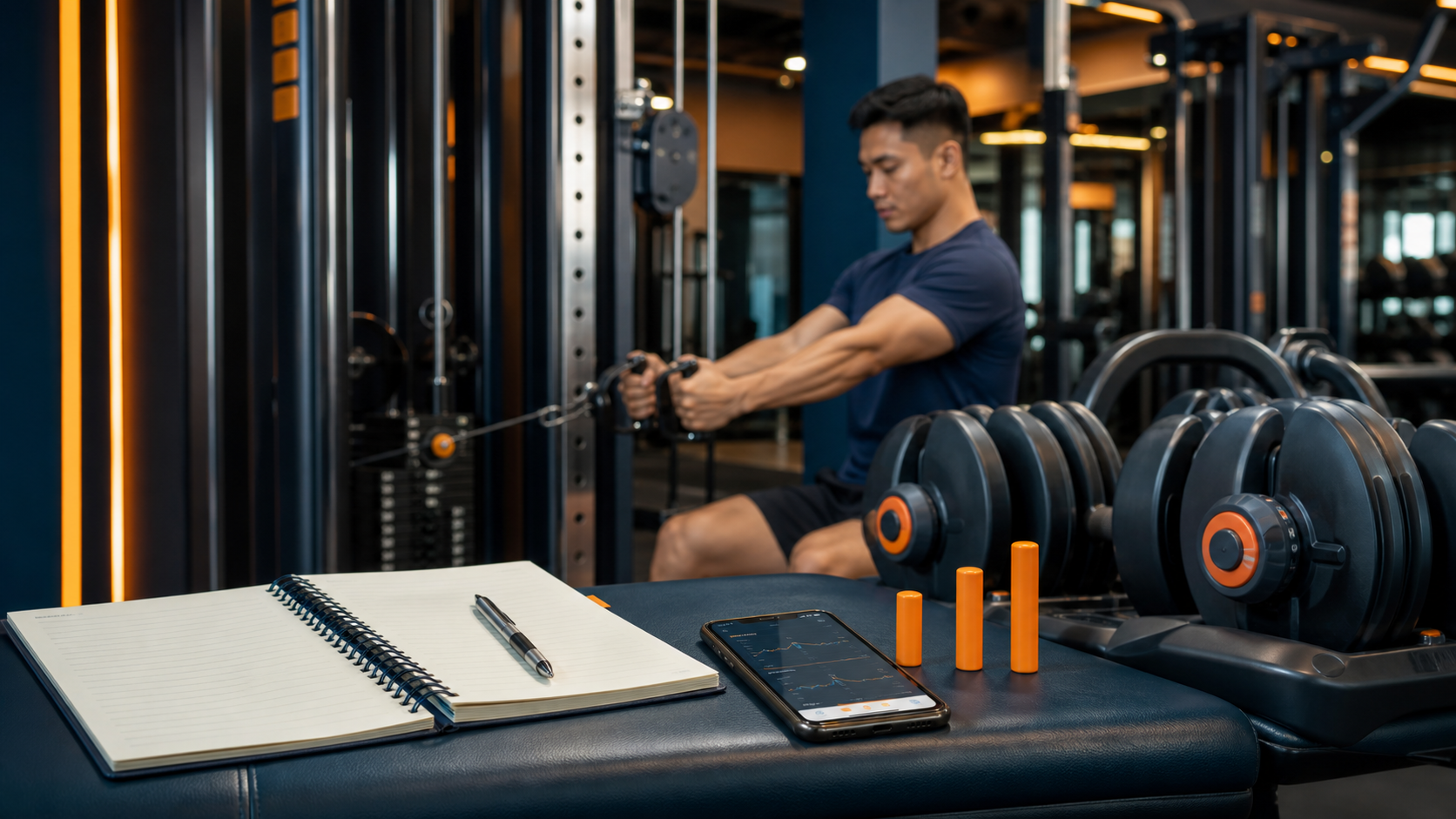 Buku latihan, telefon dan dumbbell digunakan untuk merekod serta mengukur progres rep dan beban.