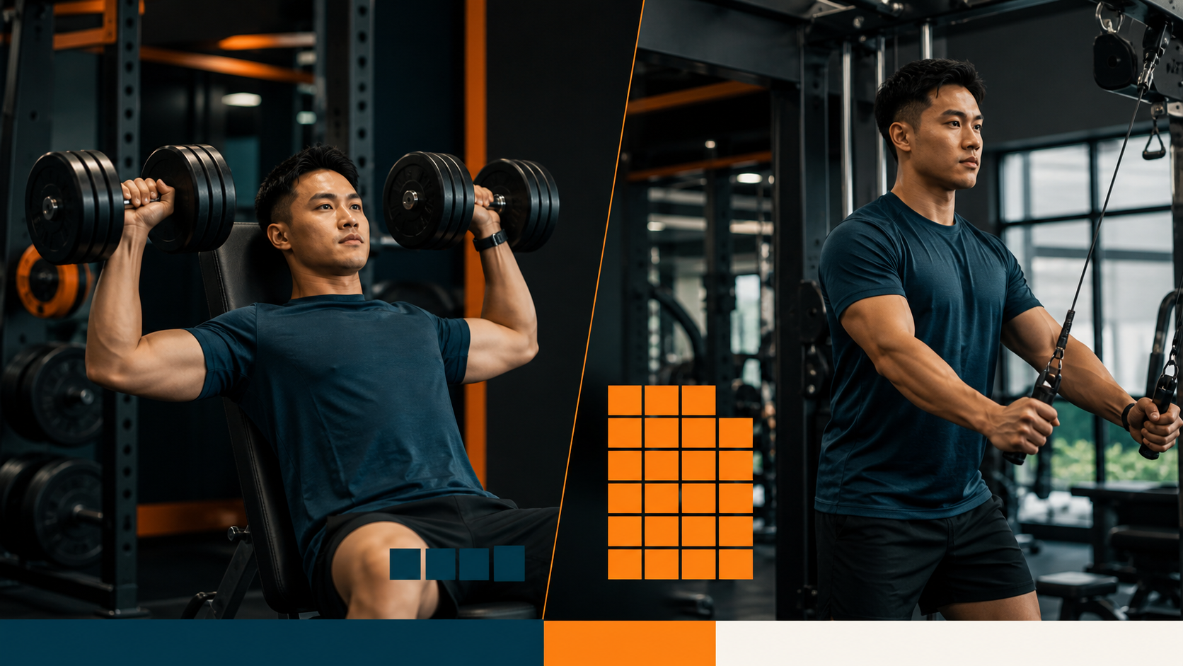 Seorang lelaki Asia Tenggara membandingkan latihan beban berat dan beban ringan di gim.