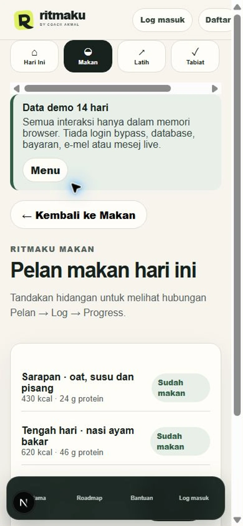 Paparan Ritma Makan dengan data demo 14 hari