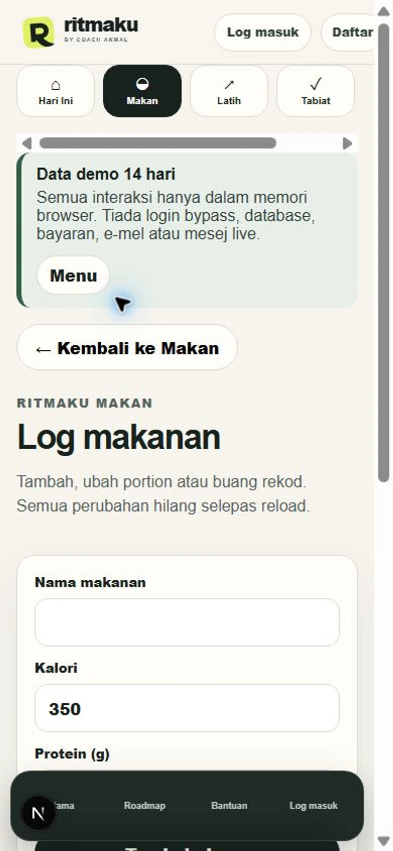 Paparan log Ritma Makan dengan data demo 14 hari