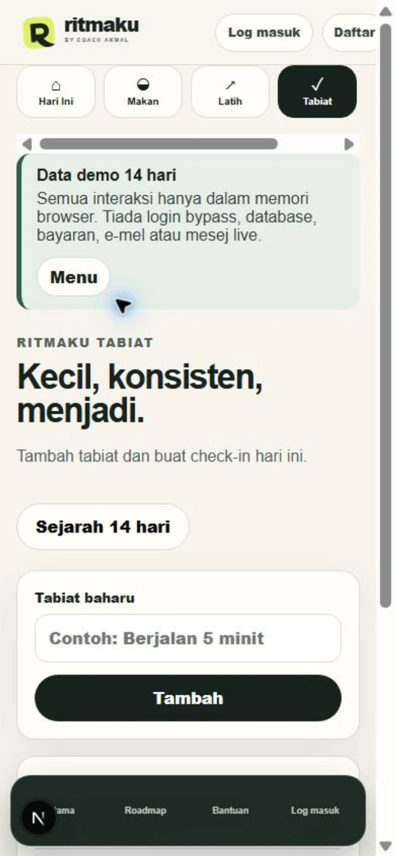 Paparan Ritma Tabiat dengan data demo 14 hari