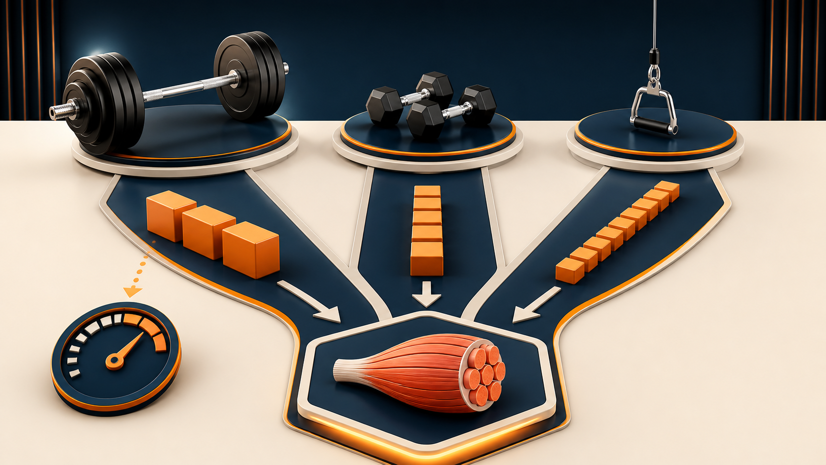 Ilustrasi barbell berat, dumbbell sederhana dan kabel ringan menuju simbol pertumbuhan otot.