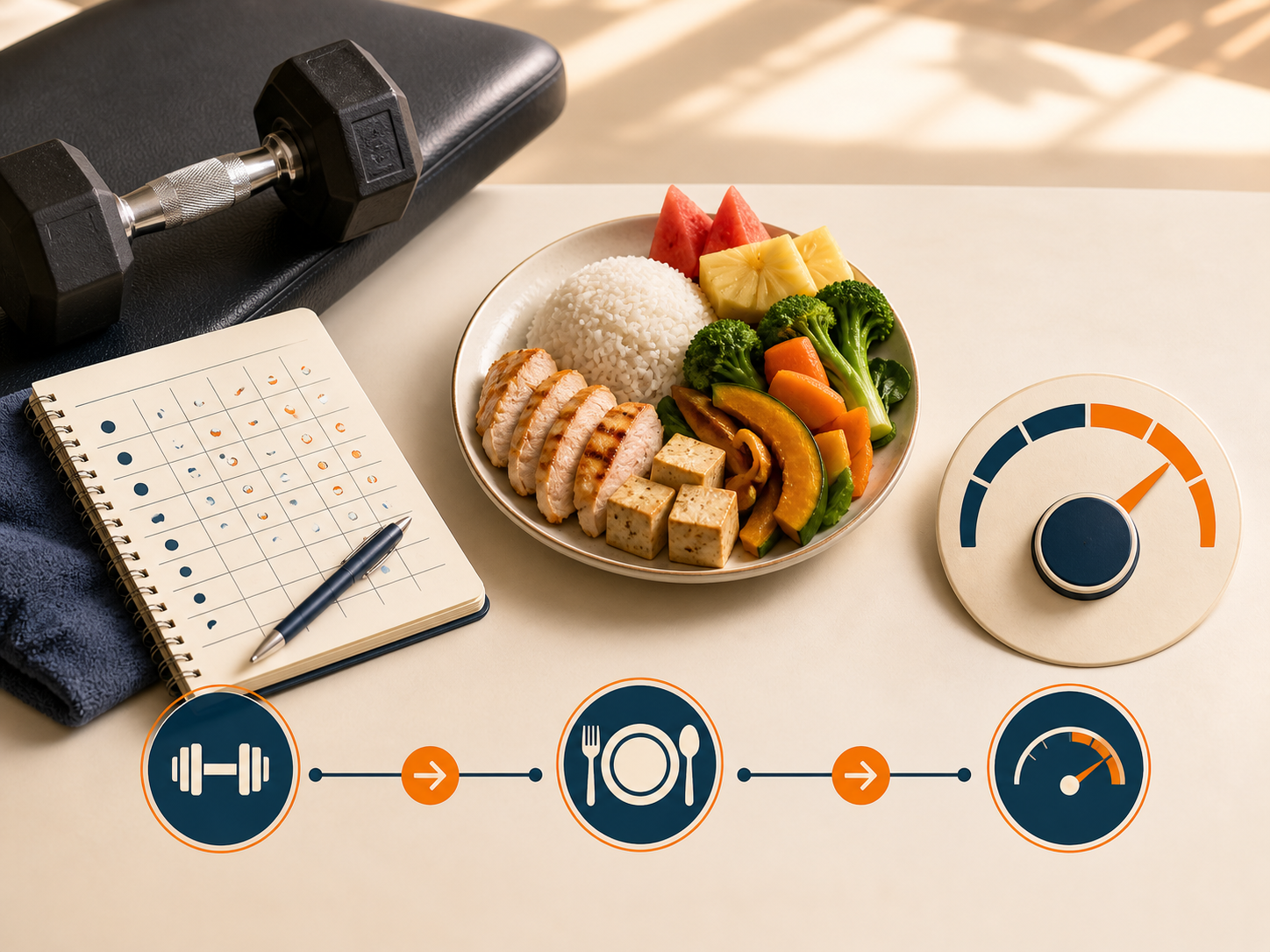 Dumbbell, log latihan, hidangan seimbang dan tolok defisit sederhana membentuk satu sistem body recomposition.