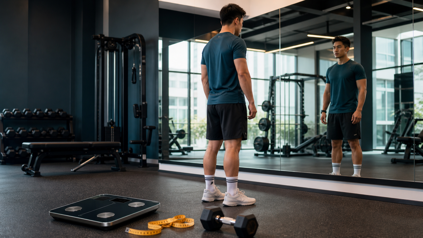 Seorang natural lifter menilai refleksi badan di gim bersama penimbang, pita ukur dan dumbbell.