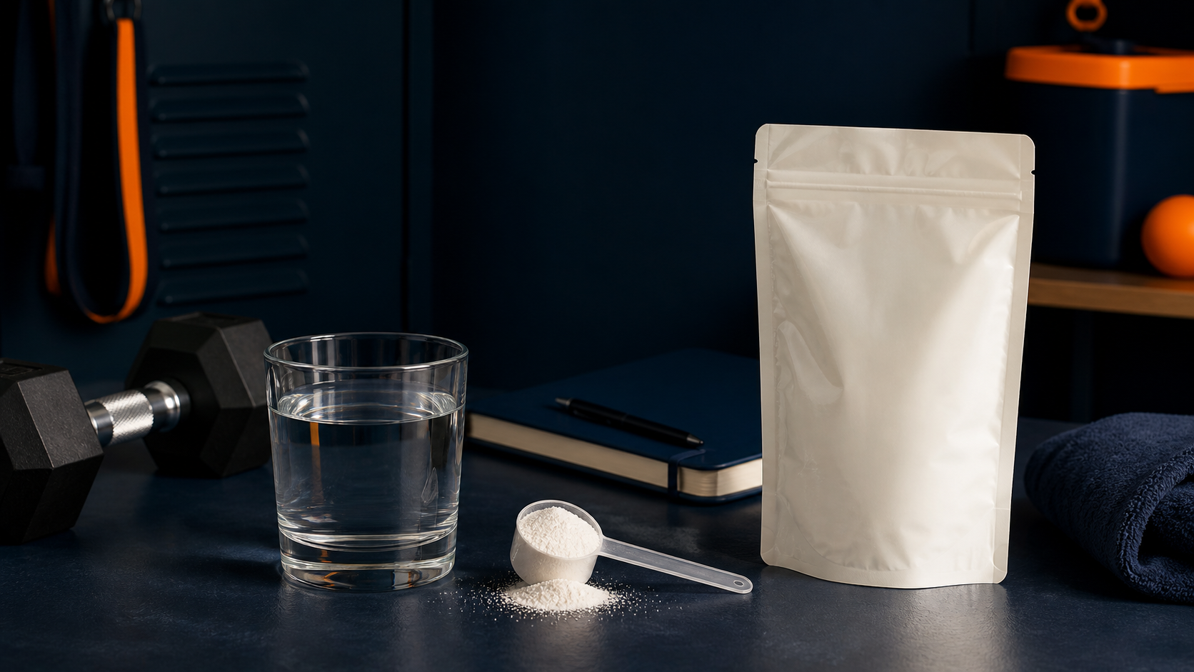 Creatine monohydrate tanpa jenama bersama segelas air, dumbbell dan buku latihan.