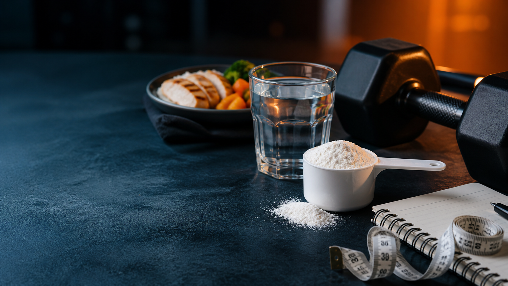 Creatine monohydrate tanpa jenama bersama air, dumbbell, makanan dan pita ukur.