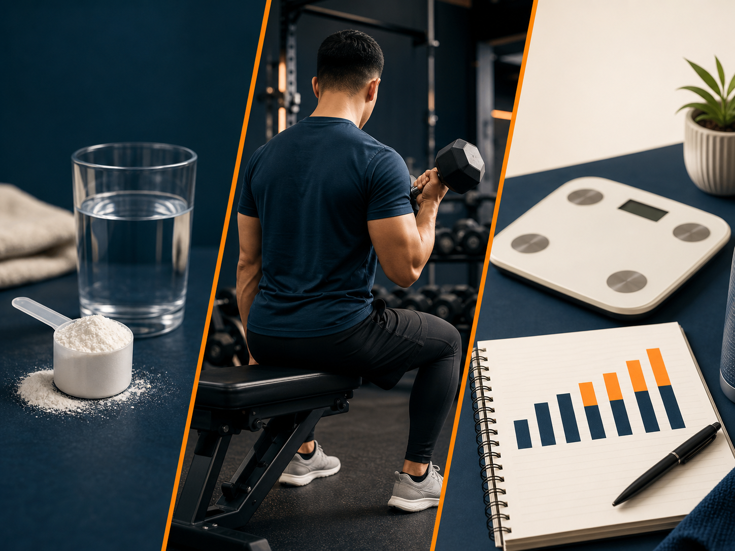 Creatine, latihan rintangan dan rekod progres ditunjukkan sebagai tiga bahagian dalam satu sistem.