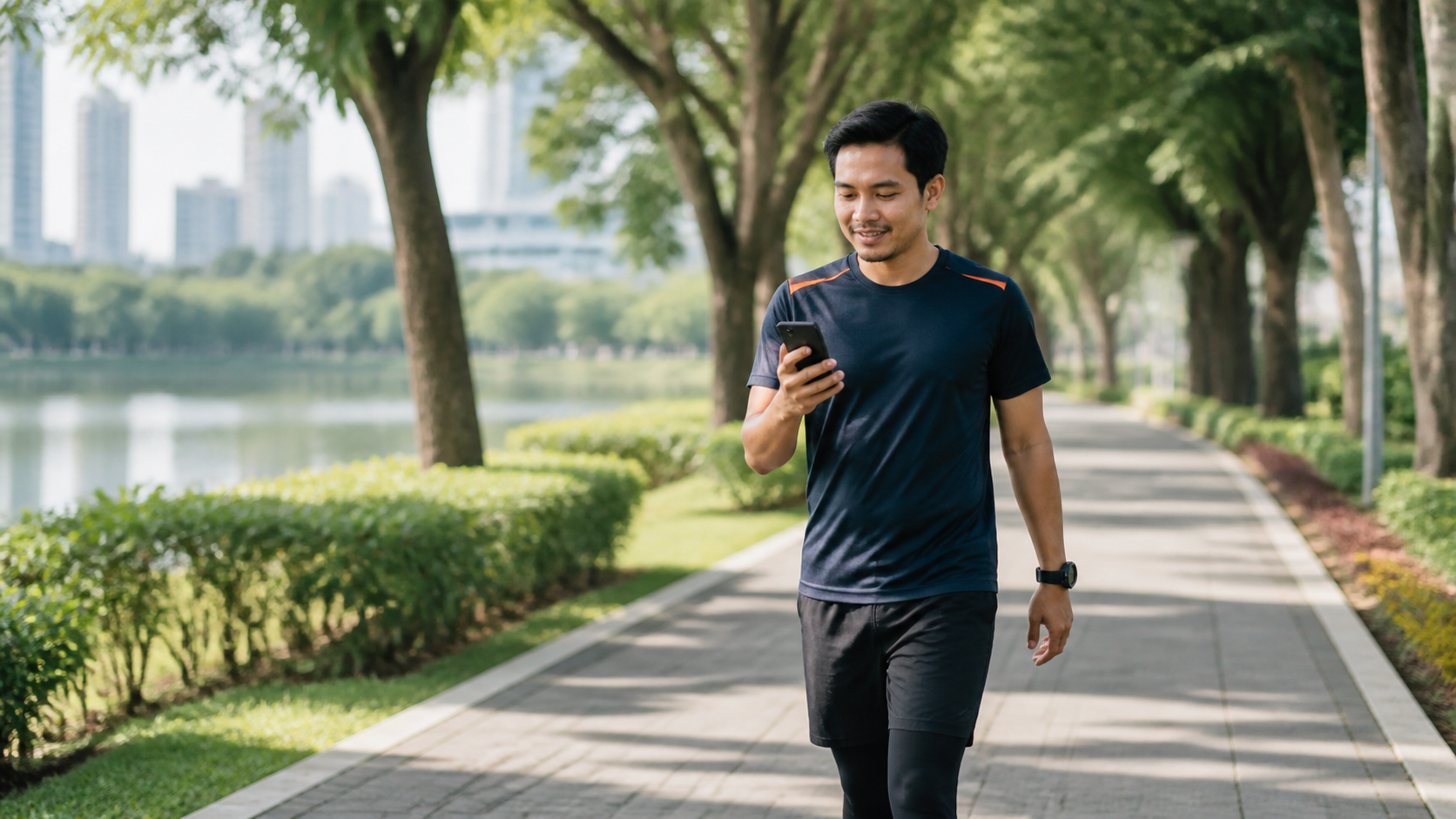 Seorang lelaki berjalan di taman sambil menyemak telefon