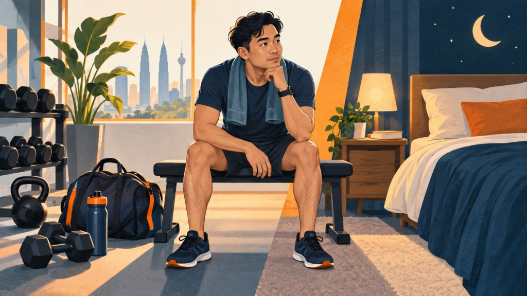 Ilustrasi lelaki menimbang pilihan antara latihan gym dan rehat selepas kurang tidur.