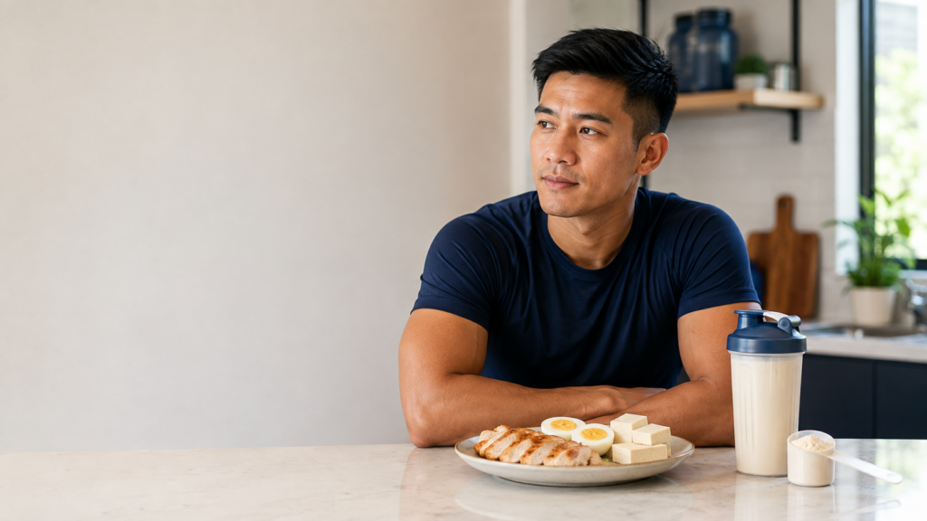 Seorang lelaki Asia Tenggara menilai hidangan protein biasa dan whey selepas latihan.
