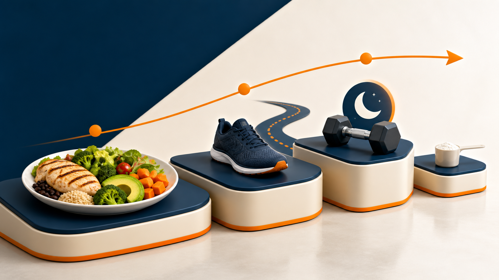 Makanan, aktiviti, latihan dan tidur berada pada langkah utama, sementara creatine menjadi langkah sokongan yang lebih kecil.