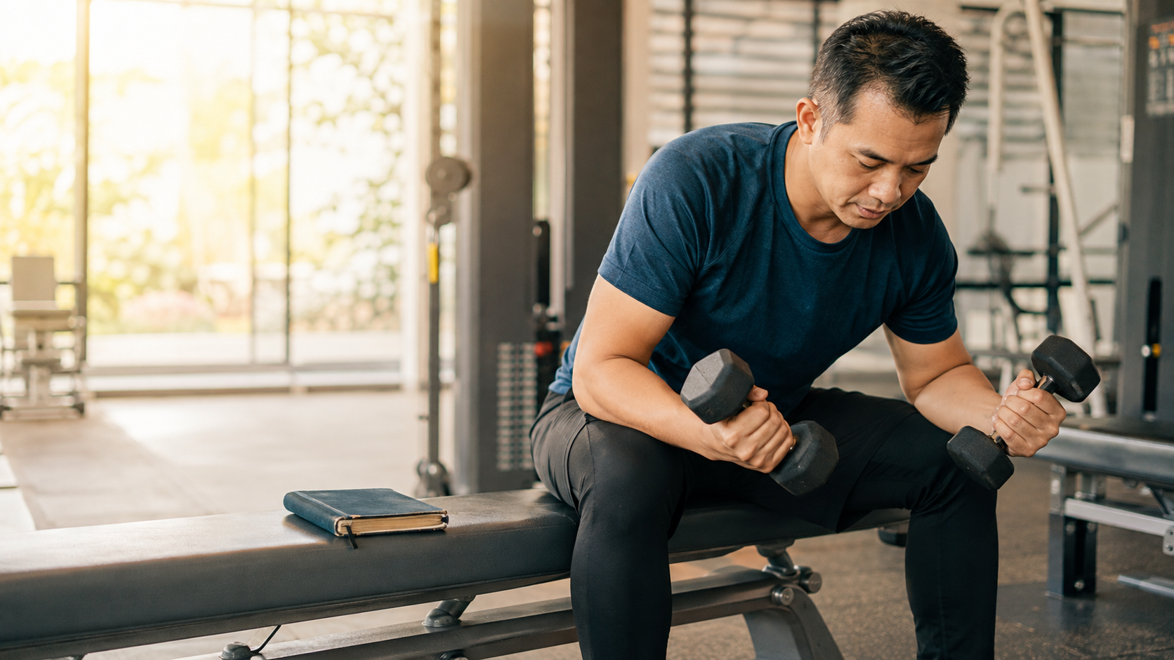 Seorang dewasa memilih dumbbell lebih ringan ketika mula workout semula selepas berehat lama.