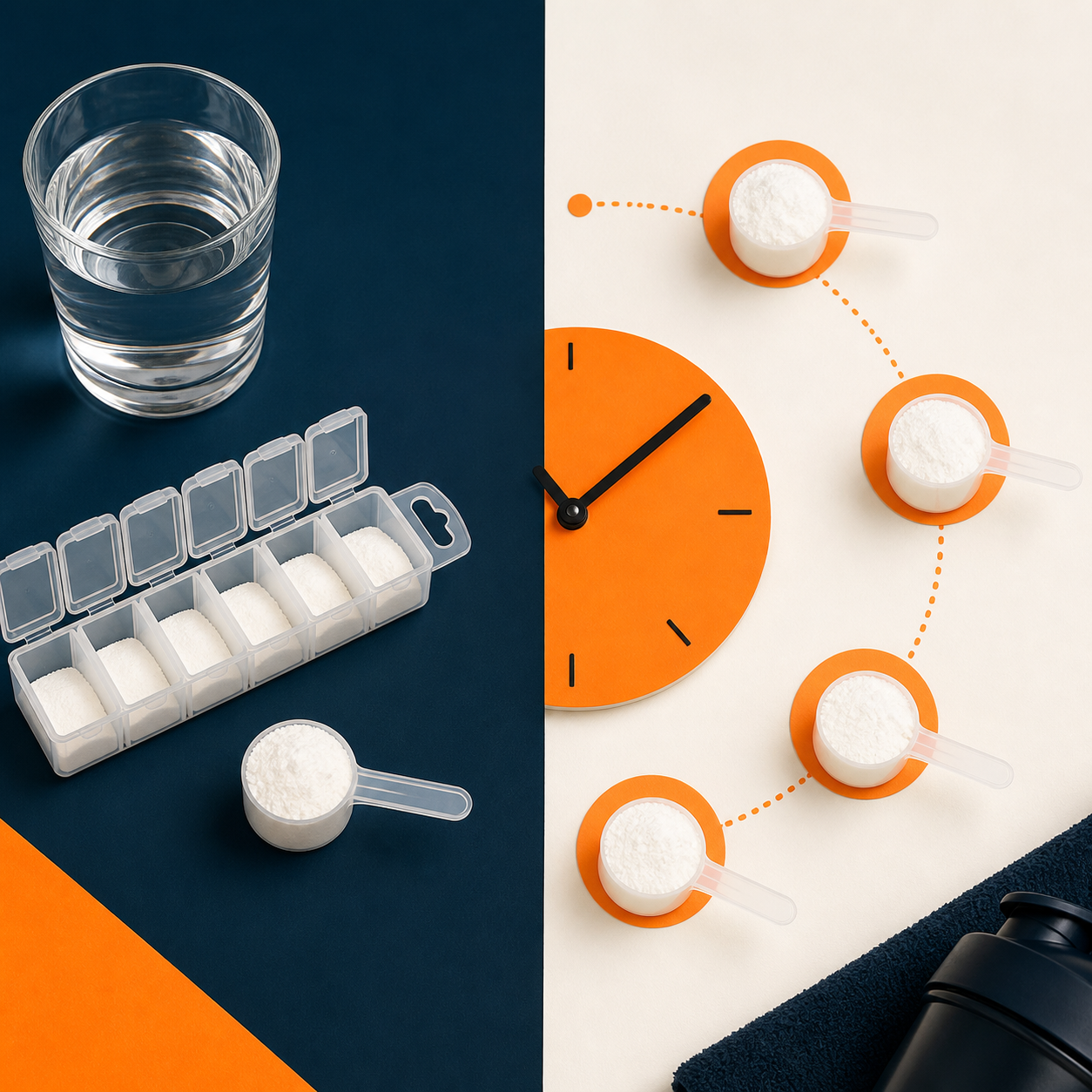 Dua pilihan protokol creatine ditunjukkan sebagai satu dos harian konsisten dan beberapa dos kecil ketika loading.