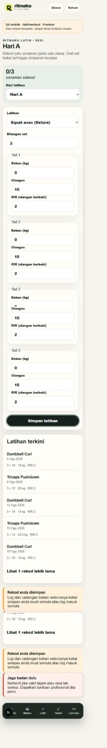 Paparan demo Ritma Latih: beban, ulangan dan RIR bagi setiap set