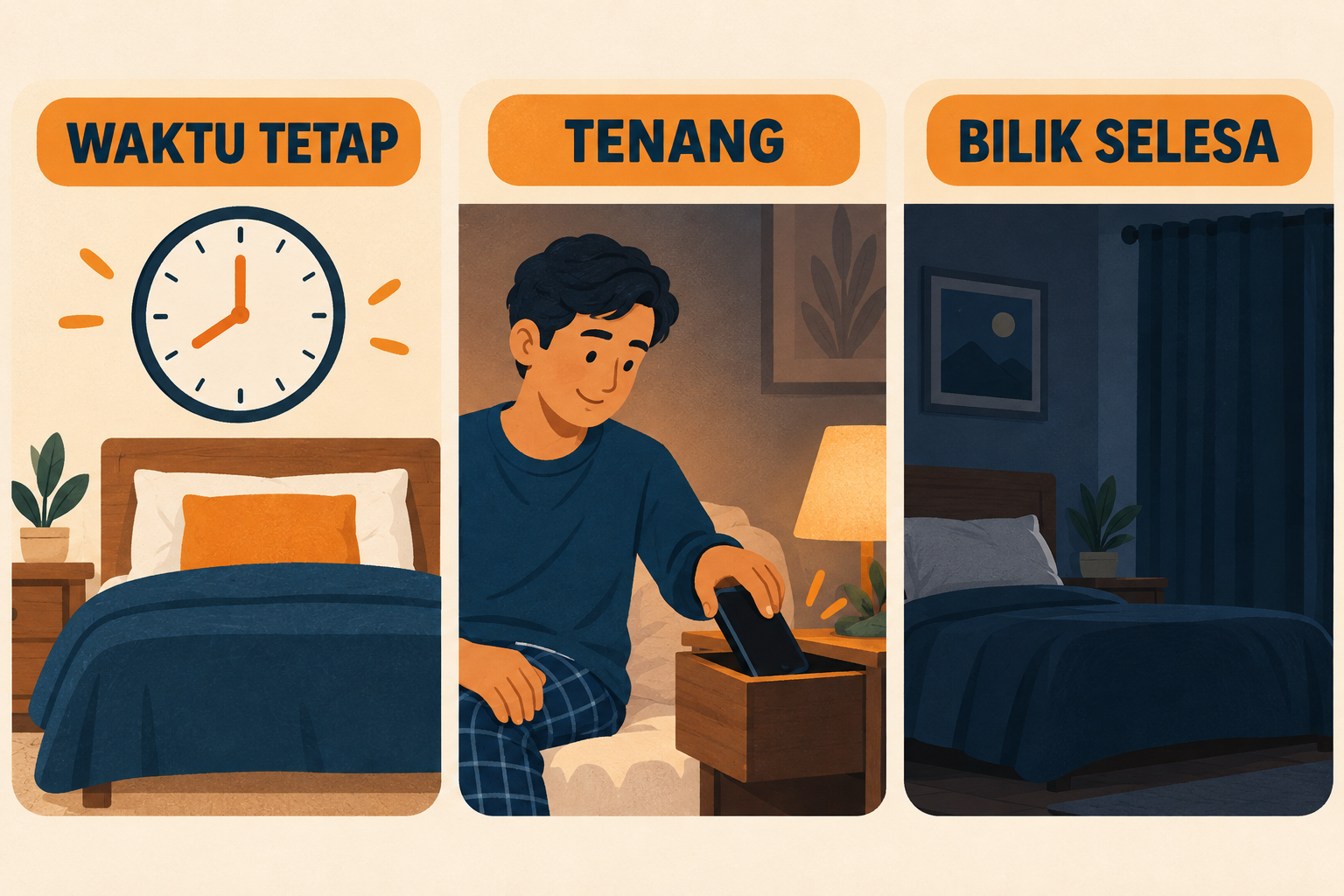 Rutin malam dengan waktu tetap, aktiviti tenang dan bilik yang selesa.