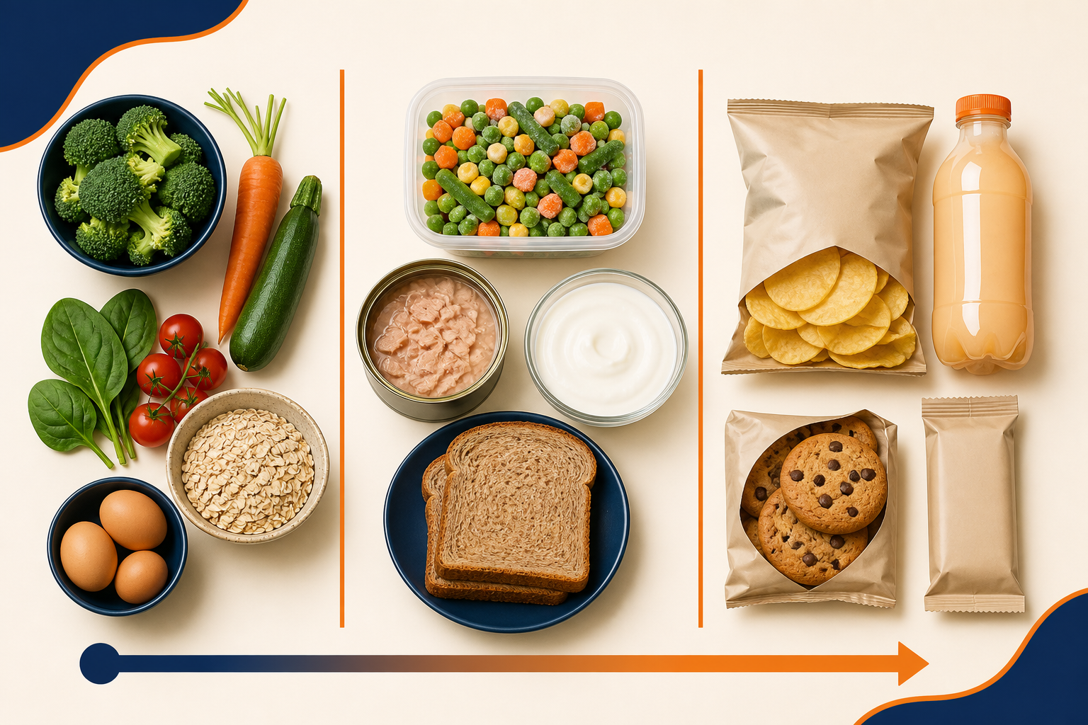 Spektrum makanan daripada diproses minimum kepada ultra-proses dengan perbezaan tekstur dan ketumpatan tenaga.