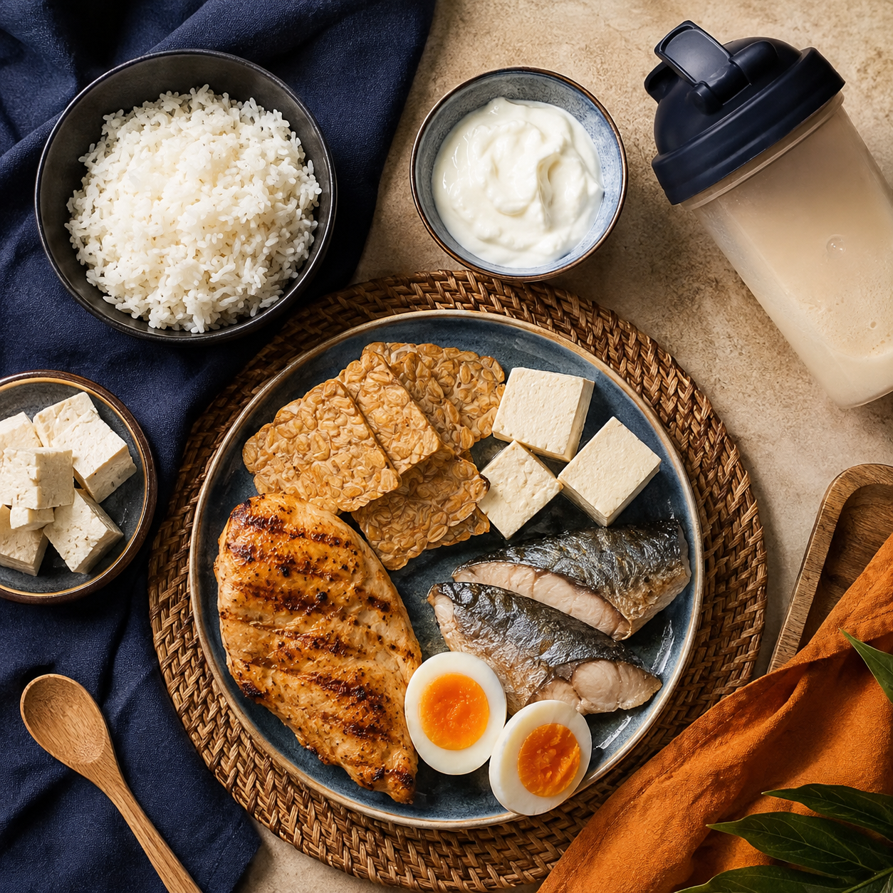 Hidangan ayam, ikan, telur, tempeh, tauhu dan yogurt bersama shaker protein.